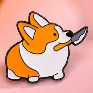 CORGI Dog with Knife Pin Enamel Brooch Funny Bag Charm Backpack GIFT